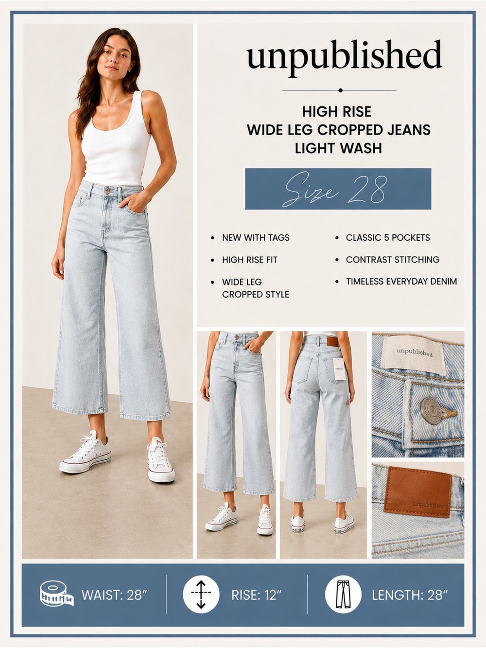 Unpublished High Rise Light Wash Wide Leg Jeans Size 28 NWT